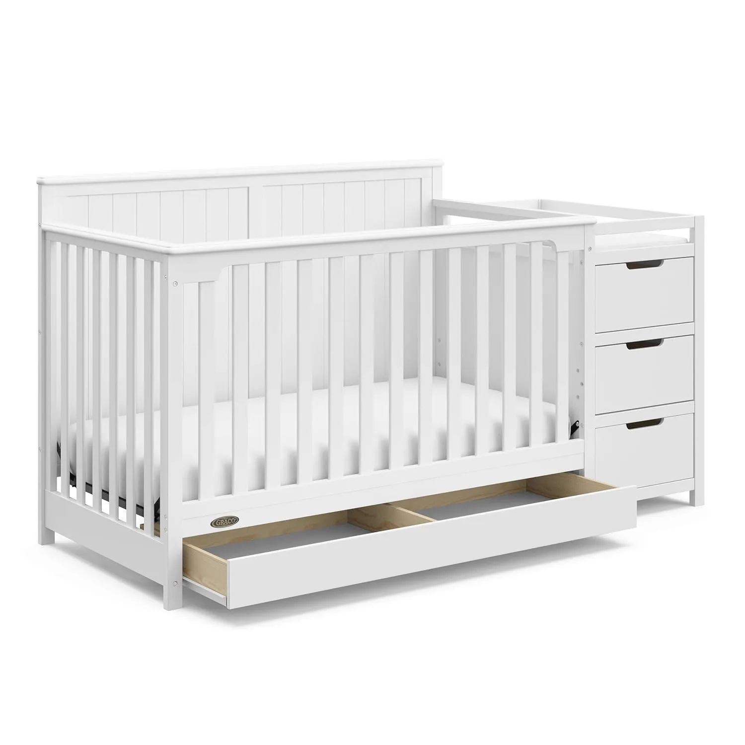 Graco Hadley 5-in-1 Convertible Crib and Changer with Drawer (White) – GREENGUARD Gold Certified, Crib and Changing -Table Combo with Drawer, Includes Baby Changing Pad, Converts to Full-Size Bed