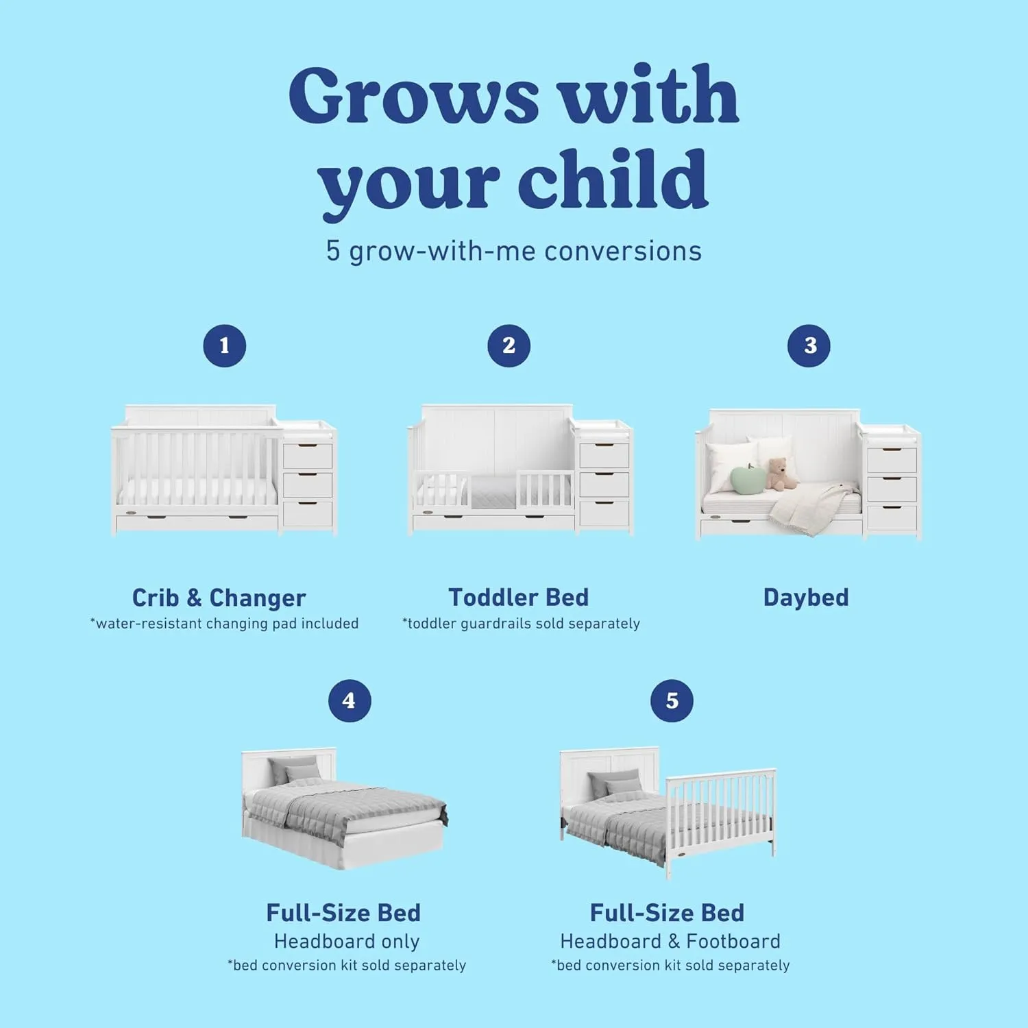 Graco Hadley 5-in-1 Convertible Crib and Changer with Drawer (White) – GREENGUARD Gold Certified, Crib and Changing -Table Combo with Drawer, Includes Baby Changing Pad, Converts to Full-Size Bed