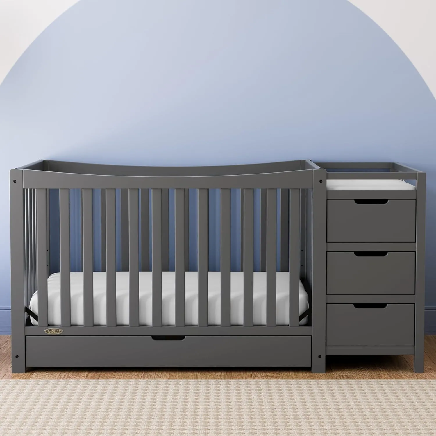 Graco Remi 4-in-1 Convertible Crib & Changer with Drawer (Gray) – GREENGUARD Gold Certified, Crib and Changing -Table Combo, Includes Changing Pad, Converts to Toddler Bed, Daybed and Full-Size Bed