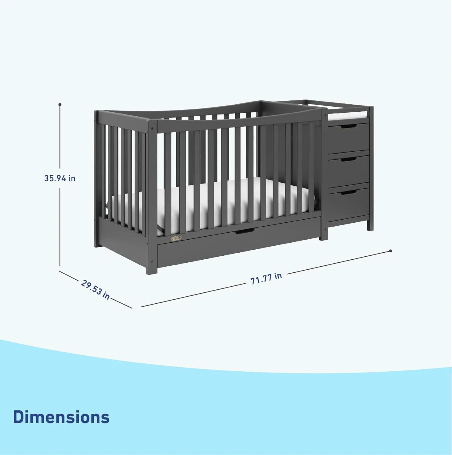Graco Remi 4-in-1 Convertible Crib & Changer with Drawer (Gray) – GREENGUARD Gold Certified, Crib and Changing -Table Combo, Includes Changing Pad, Converts to Toddler Bed, Daybed and Full-Size Bed