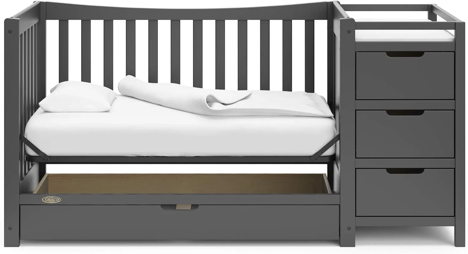 Graco Remi 4-in-1 Convertible Crib & Changer with Drawer (Gray) – GREENGUARD Gold Certified, Crib and Changing -Table Combo, Includes Changing Pad, Converts to Toddler Bed, Daybed and Full-Size Bed