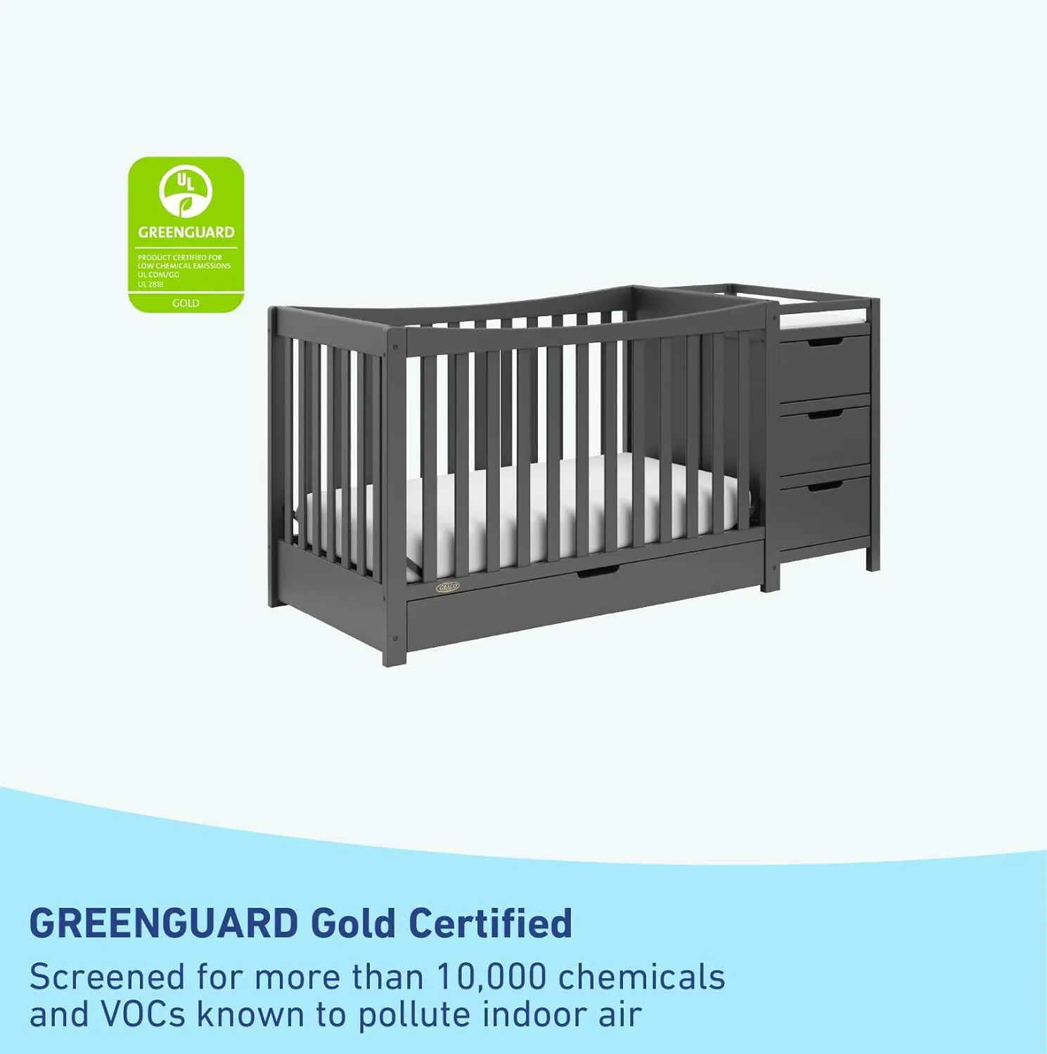 Graco Remi 4-in-1 Convertible Crib & Changer with Drawer (Gray) – GREENGUARD Gold Certified, Crib and Changing -Table Combo, Includes Changing Pad, Converts to Toddler Bed, Daybed and Full-Size Bed