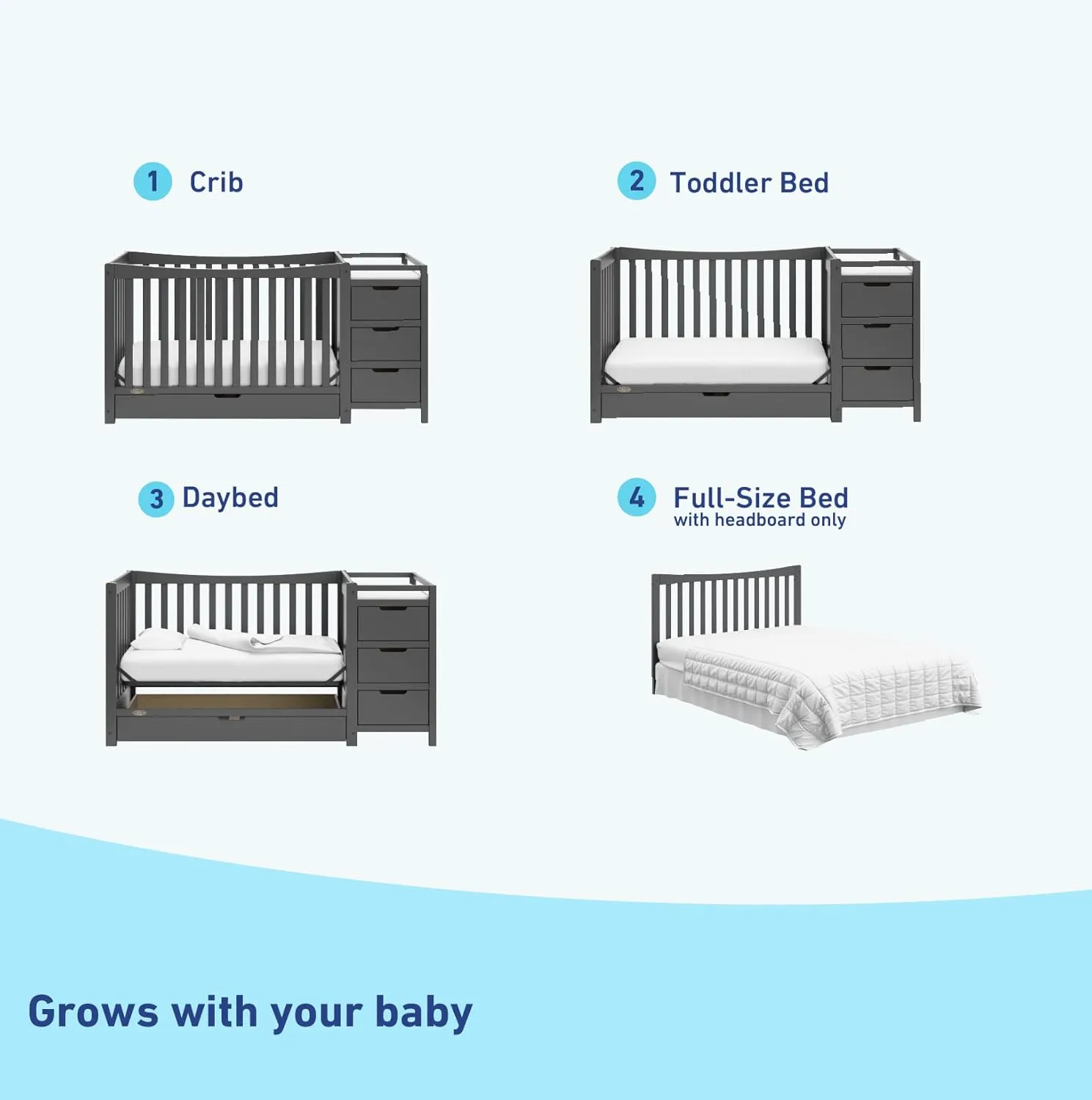 Graco Remi 4-in-1 Convertible Crib & Changer with Drawer (Gray) – GREENGUARD Gold Certified, Crib and Changing -Table Combo, Includes Changing Pad, Converts to Toddler Bed, Daybed and Full-Size Bed