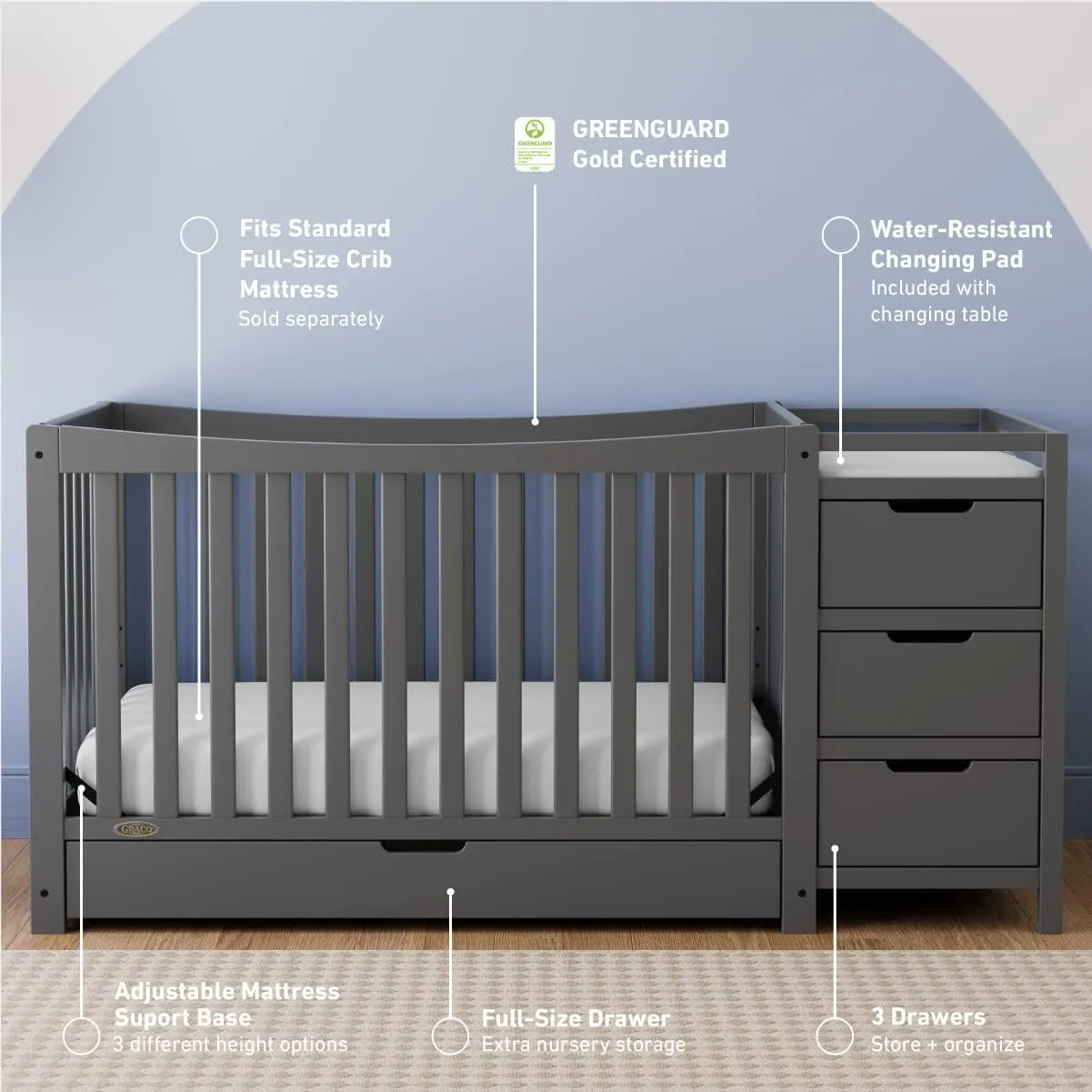 Graco Remi 4-in-1 Convertible Crib & Changer with Drawer (Gray) – GREENGUARD Gold Certified, Crib and Changing -Table Combo, Includes Changing Pad, Converts to Toddler Bed, Daybed and Full-Size Bed
