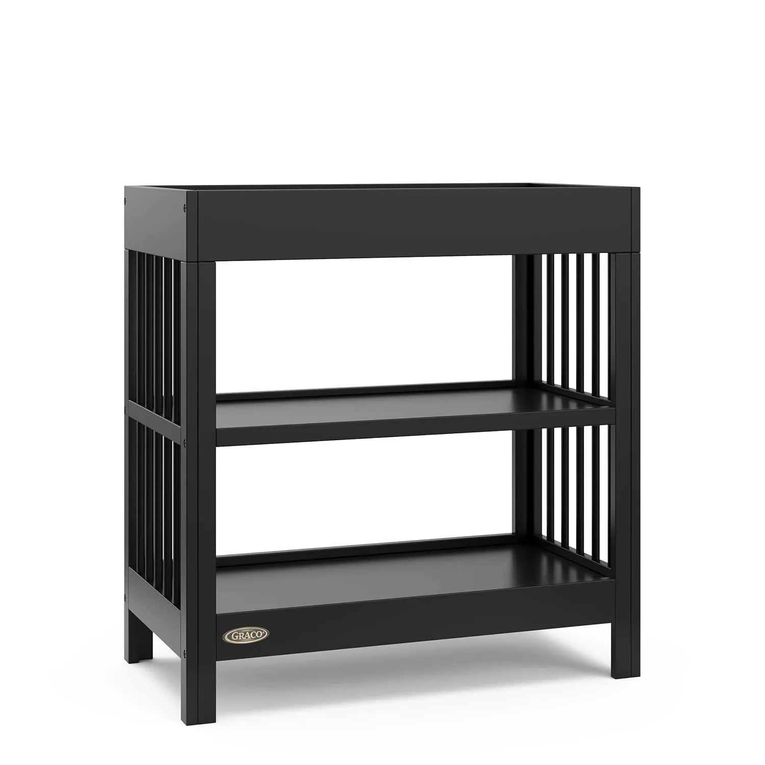 Graco Teddi Changing Table with Water-Resistant Changing Pad (Black) - GREENGUARD Gold Certified, Includes Bonus Water-Resistant Changing Pad with Safety Strap, 2 Shelves, Easy-to-Match