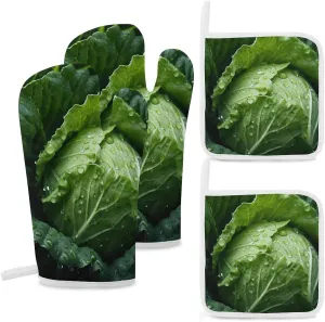 Green Cabbage Oven Mitts and Pot Holders Sets of 4 Heat Resistant Non Slip Oven Gloves and Hot Pads Waterproof Cooking Mitts for Kitchen Baking Grilling BBQ