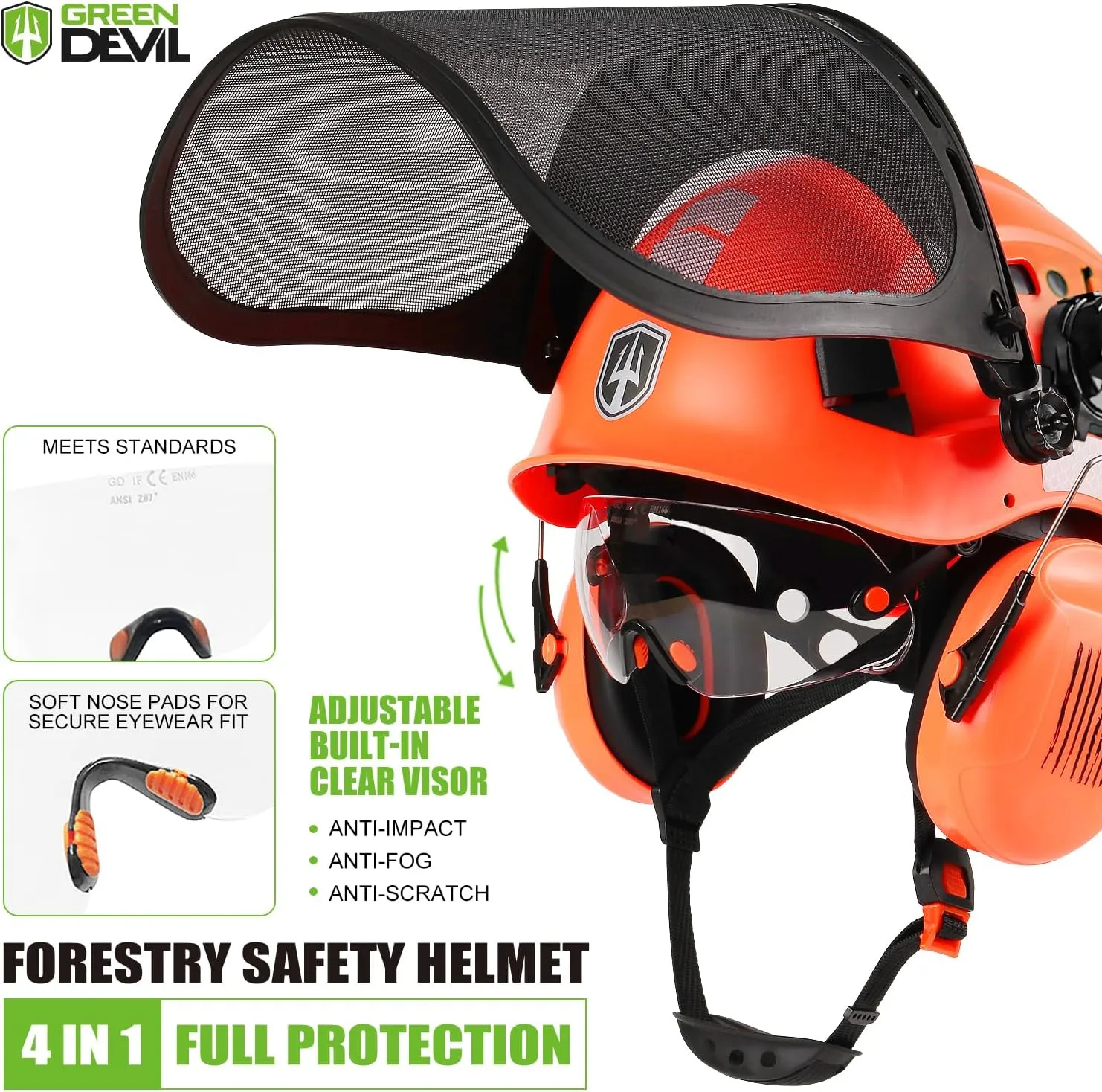 GREEN DEVIL Forestry Chainsaw Safety Helmet with Mesh Face Shield Built-in Visor and Earmuffs 5 in 1 System Vented Arborist Helmet ANSI Z89.1 Hard Hat Logging Garden Work Hardhats for Men Women