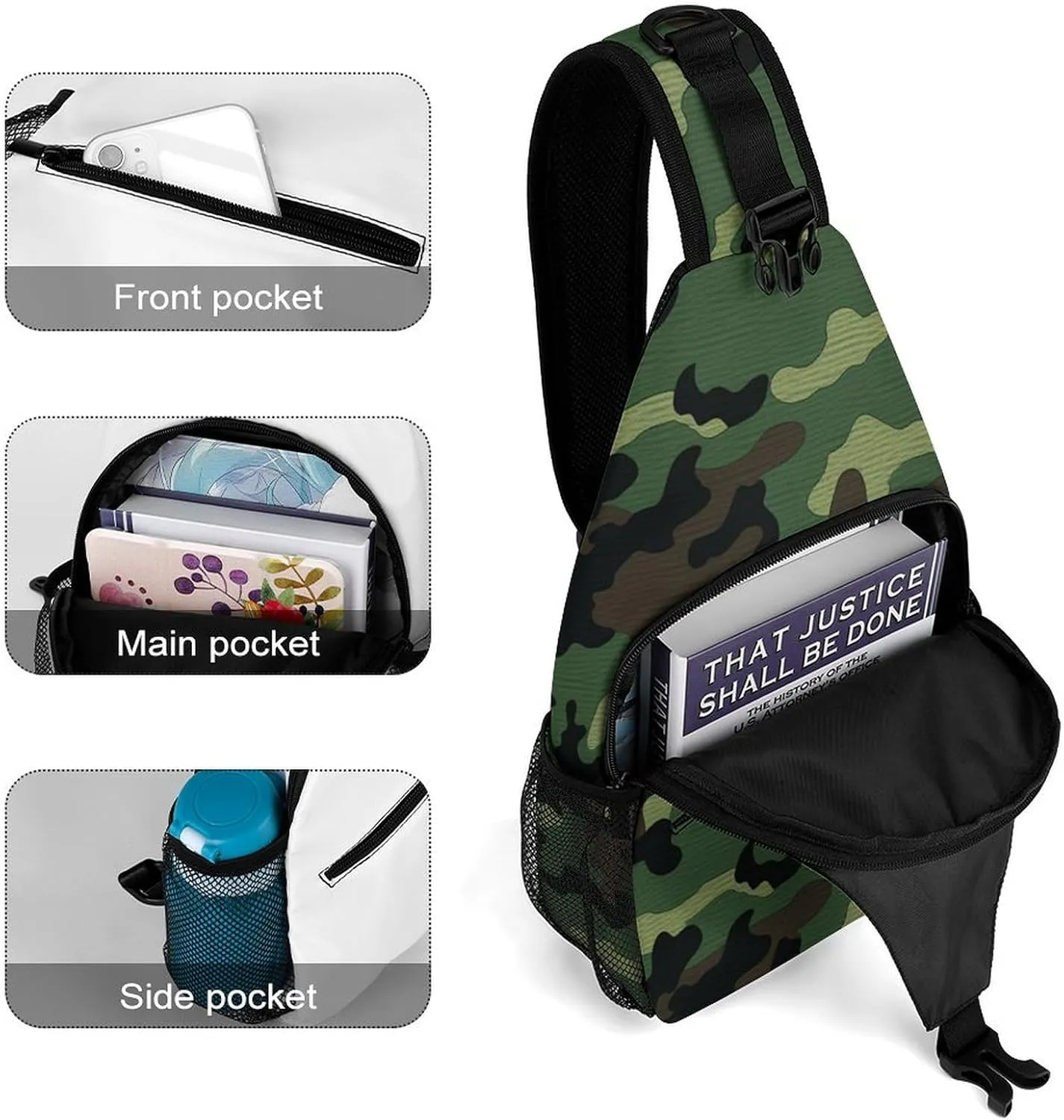 Green Military Pattern Crossbody Bag, Sling Bag, Sling Backpack, Belt Bags for Travel Outdoors Hiking