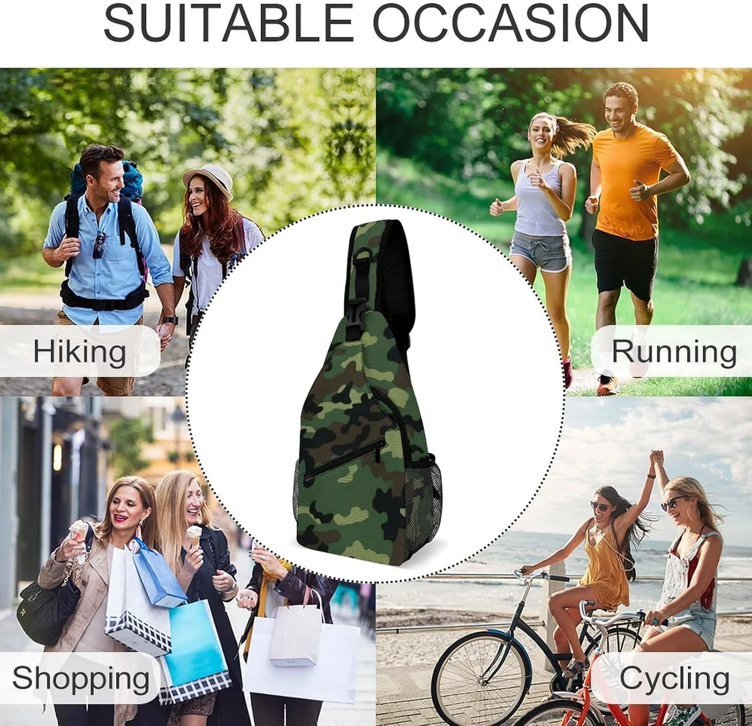 Green Military Pattern Crossbody Bag, Sling Bag, Sling Backpack, Belt Bags for Travel Outdoors Hiking