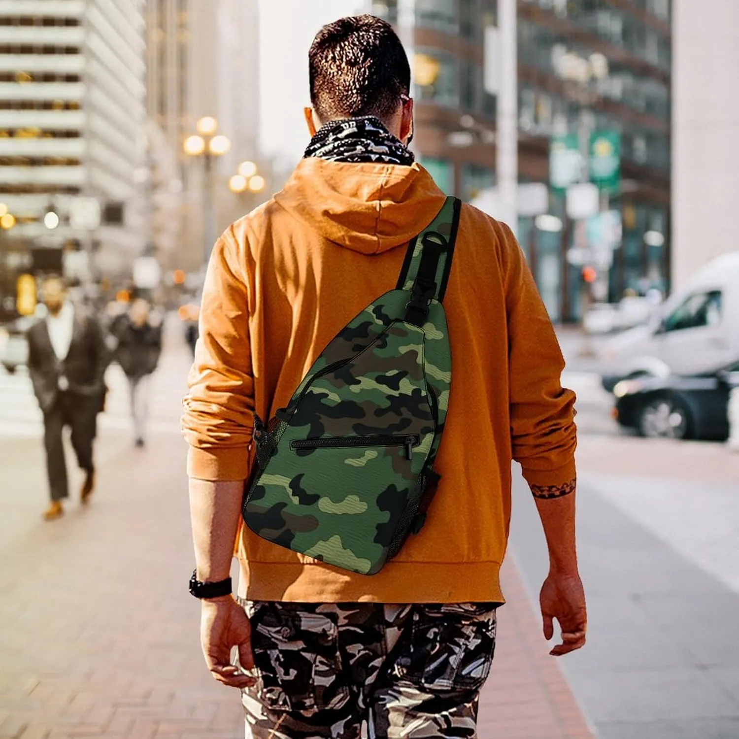 Green Military Pattern Crossbody Bag, Sling Bag, Sling Backpack, Belt Bags for Travel Outdoors Hiking