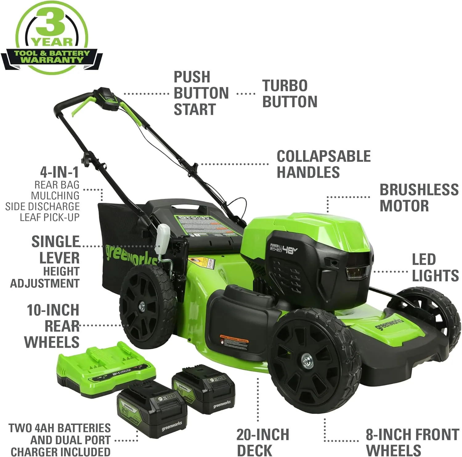 Greenworks 48V (2x24V) Electric Lawn Mower Combo Kit: 20"Steel Deck Push Mower, 12" String Trimmer, 320 CFM Blower, 3 Batteries & 2 Chargers, 3-Year Warranty.