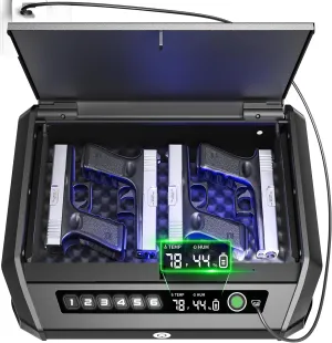 Gun Safe with LCD Display, ≤0.1s Quick Access Handgun Safe for 2-4 Pistols, Hand Gun Lock Box with Fingerprint | Keypad | and Keys for Home Drawer Bedside Nightstand