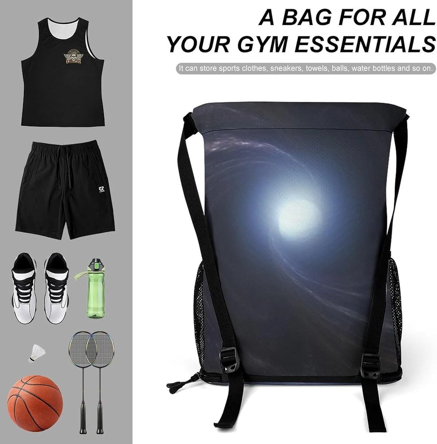 Gym Bag for Women Men SpaceVortex1Travel Duffel Bag Large Capacity Sports Drawstring Backpack, 45.5x41.5x36cm, Style-2, JJ0529240