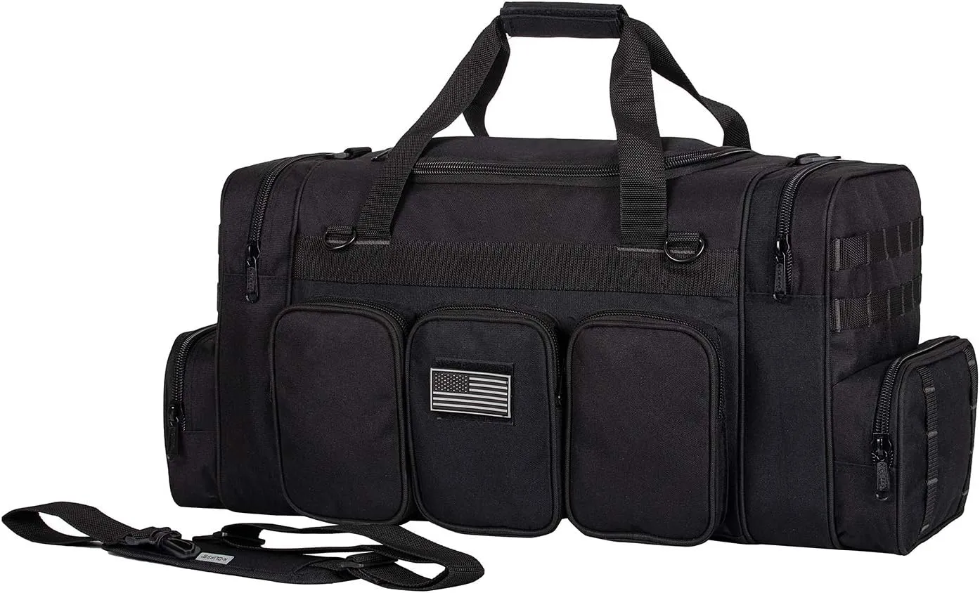 Heavy Duty Range Duffel Quality Tactical Gear Travel Sports Gym Bag Lockable Zippers with US Flag Patch 27 Inch Black