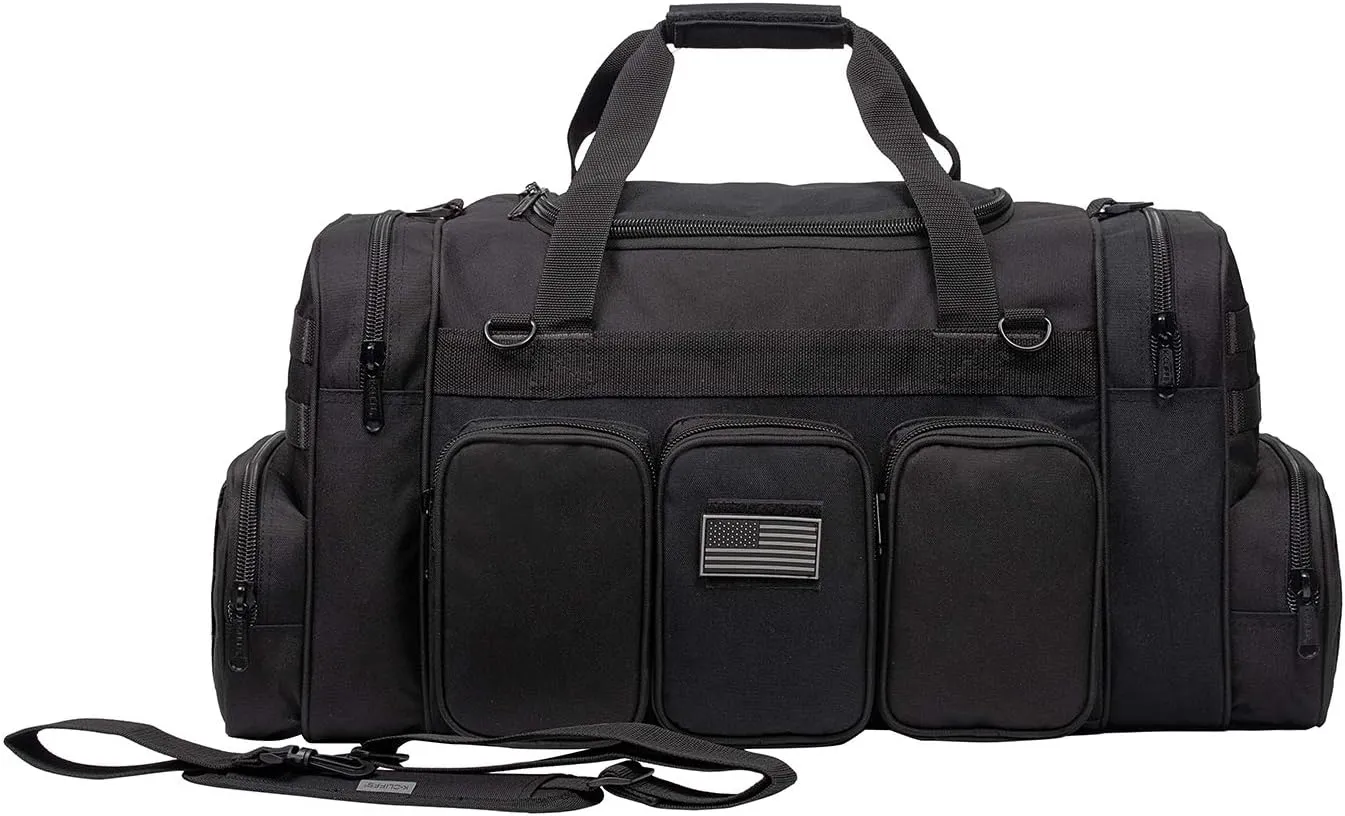 Heavy Duty Range Duffel Quality Tactical Gear Travel Sports Gym Bag Lockable Zippers with US Flag Patch 27 Inch Black