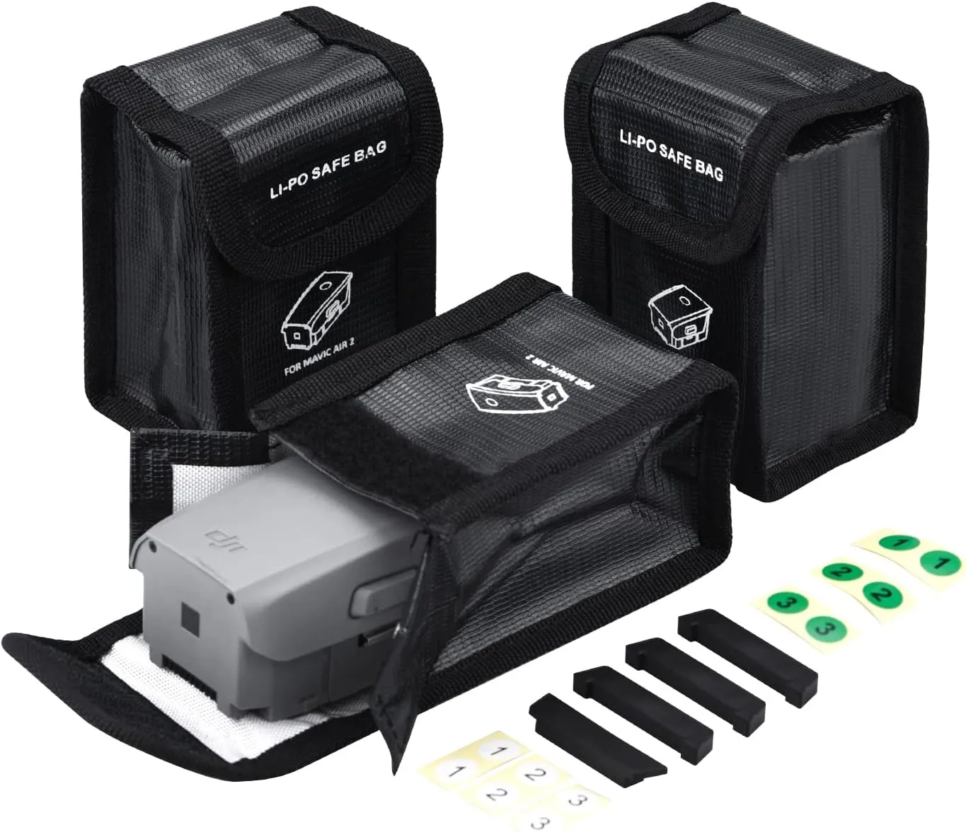 HeiyRC Battery Safe Bag & Battery Dust-proof Plugs for DJI Air 2S/Mavic Air 2 Batteries Protection Storage Case Fireproof Explosion-proof Pouch (3 1 Set)