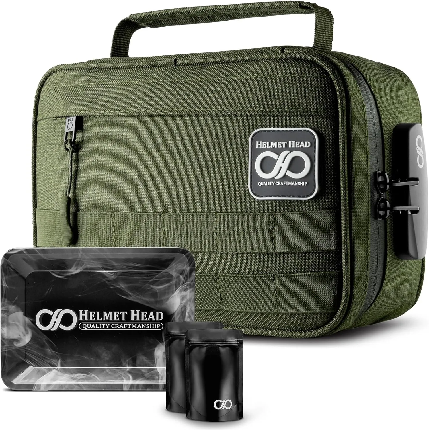 HELMET HEAD Large Smell Proof Bag & Case with Combo Lock - Includes Metal Tray & Travel Bags. Odor Proof Bags Offers Plenty of Room to keep all Herbs and Tools Securely Together (Herb Green)