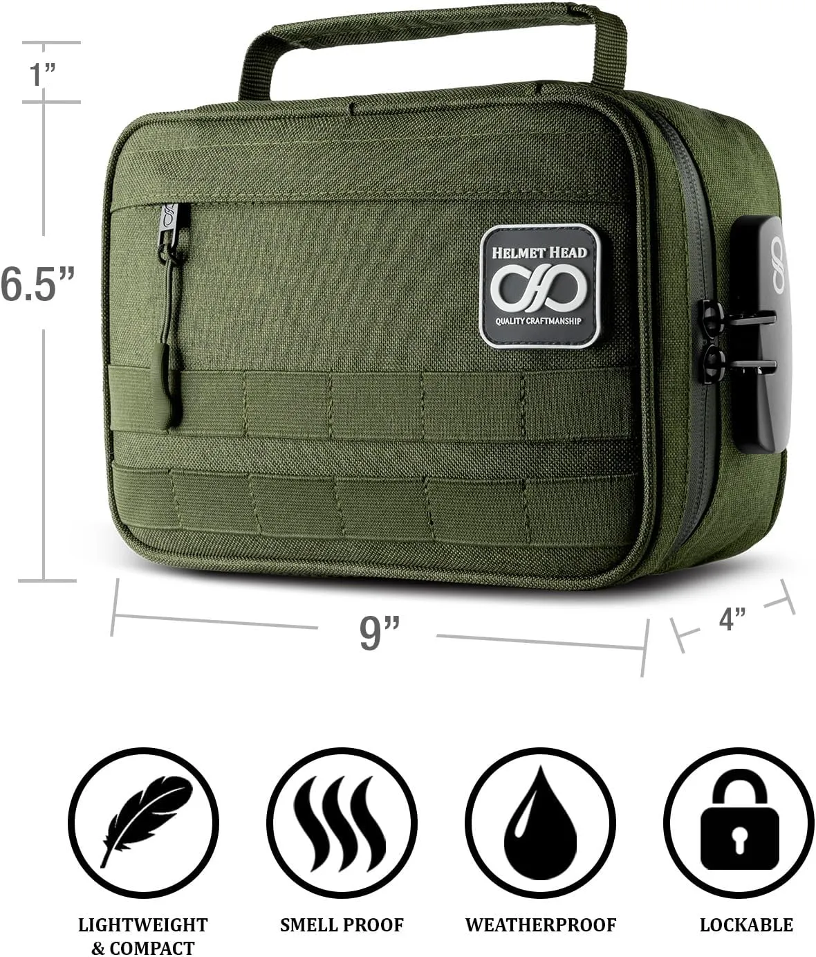 HELMET HEAD Large Smell Proof Bag & Case with Combo Lock - Includes Metal Tray & Travel Bags. Odor Proof Bags Offers Plenty of Room to keep all Herbs and Tools Securely Together (Herb Green)