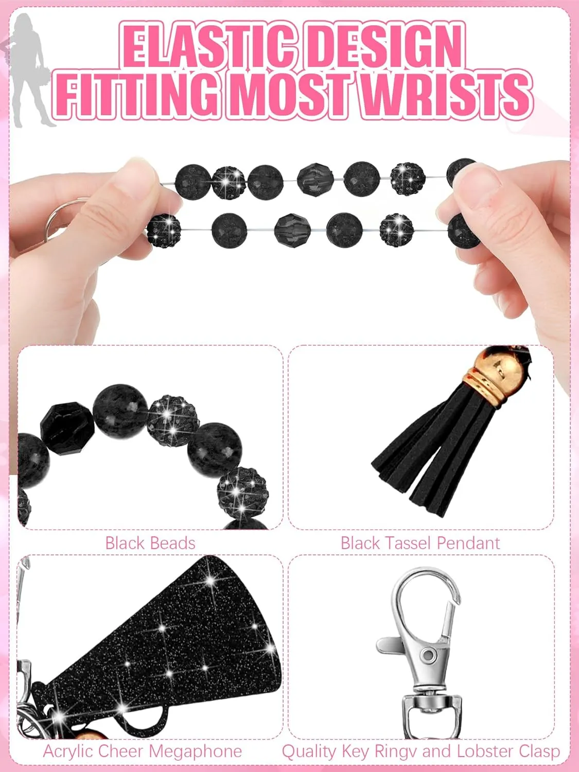 Henoyso 20 Pcs Cheer Beaded Wristlet Keychain Bulk Cheer Bow Keychain Sparkle Megaphone Key Ring Women Accessories Team Gift