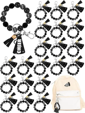 Henoyso 20 Pcs Cheer Beaded Wristlet Keychain Bulk Cheer Bow Keychain Sparkle Megaphone Key Ring Women Accessories Team Gift