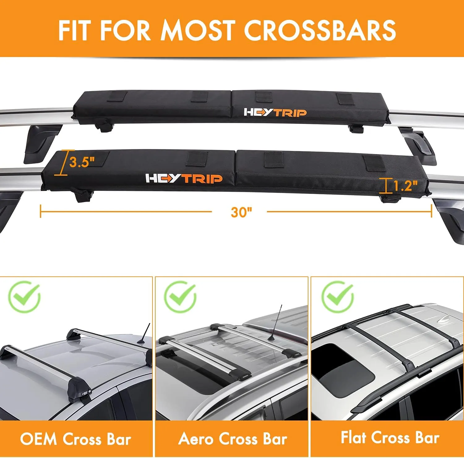 HEYTRIP Roof Rack Pads 30" Aero Crossbar Pads for Kayak/Surfboard/SUP/Canoe with 15FT Tie-Down Straps and Storage Bag