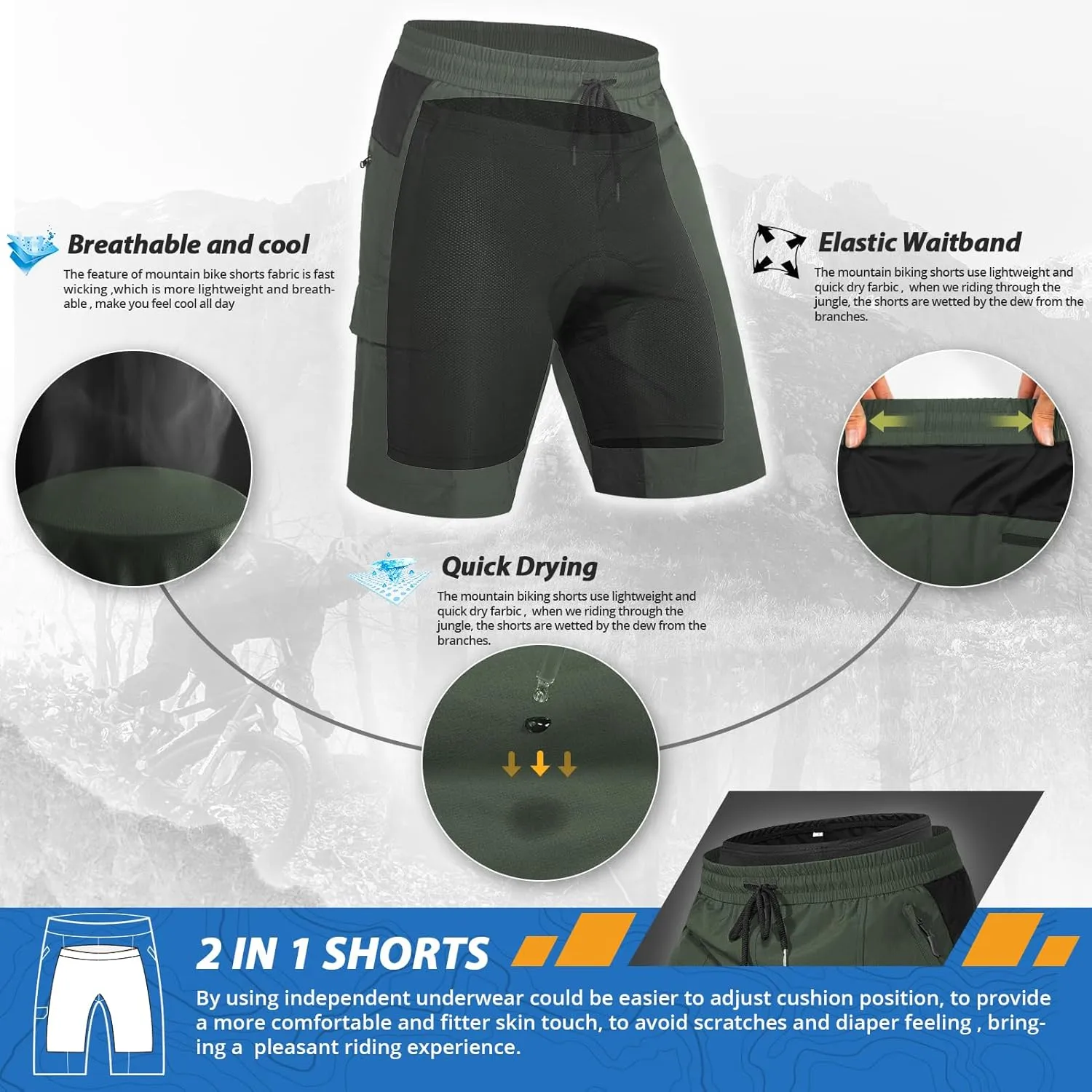 Hiauspor Men's Padded Mountain Bike Shorts Loose Fit Quick Dry Cycling Shorts Biking for Men with 5 Pockets
