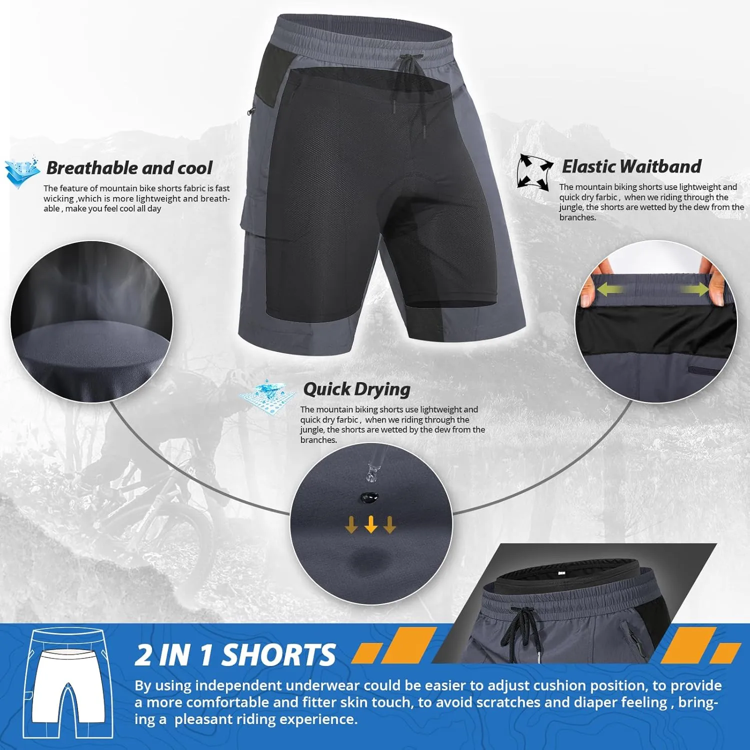 Hiauspor Men's Padded Mountain Bike Shorts Loose Fit Quick Dry Cycling Shorts Biking for Men with 5 Pockets