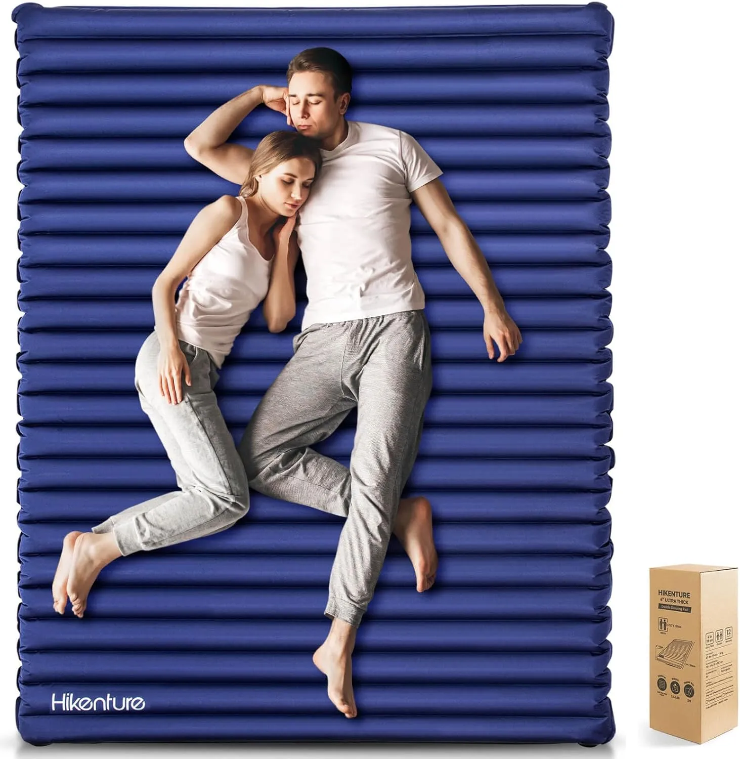 Hikenture Double Sleeping Pad for Camping, 4" Extra-Thick Camping Mattress 2 Person, Inflatable & Ultralight Sleeping Mat for Backpacking, Hiking (Navy Pumpsack, Full XL)