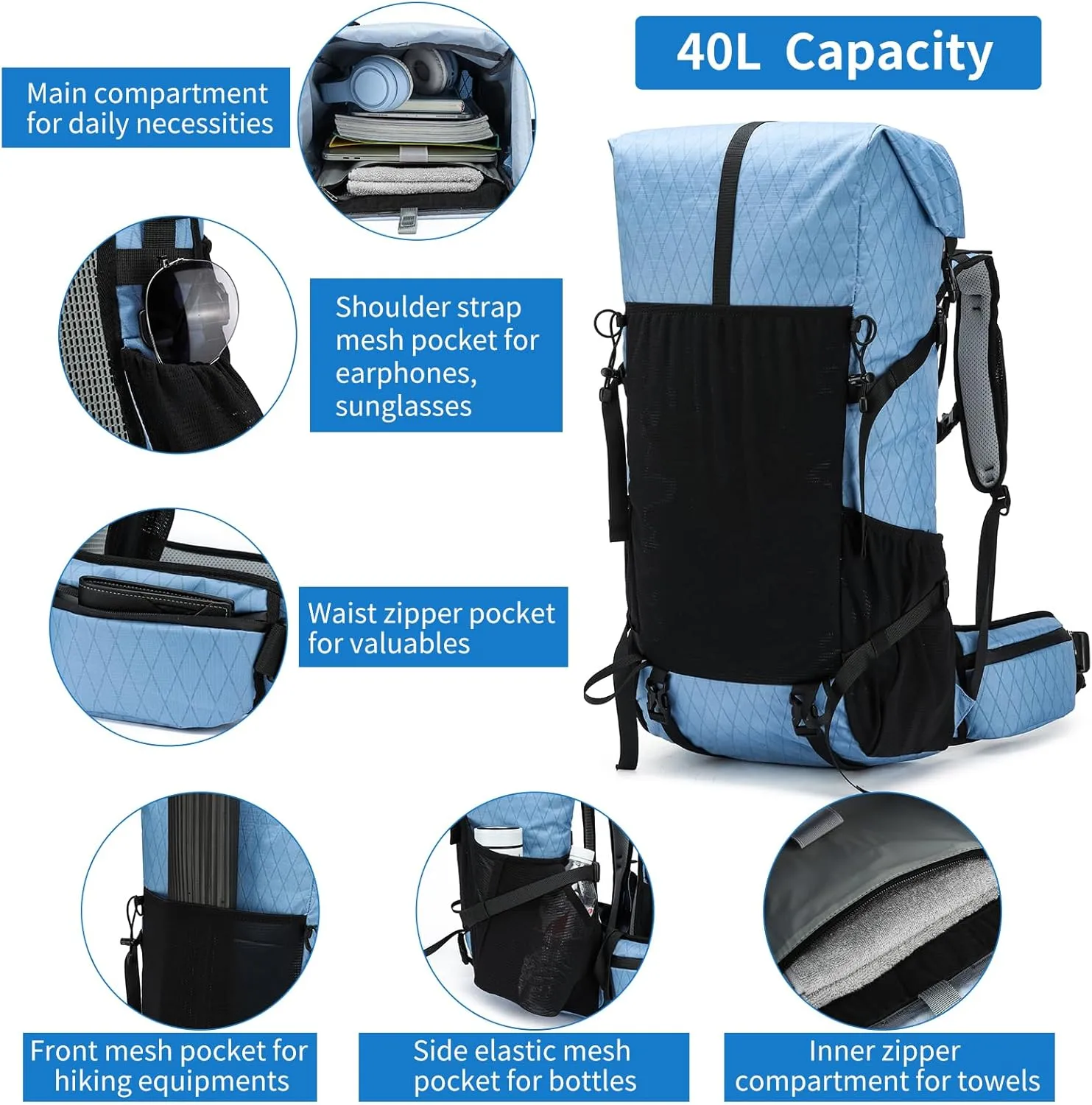 Hiking Backpack,30L  10L Extra Large Capacity Hiking Bag, Internal Frame Camping Backpack,Upgraded X-PAC Lightweight Sport Daypack Travel Backpacks Fit For Mountain Climbing Camping (Blue)
