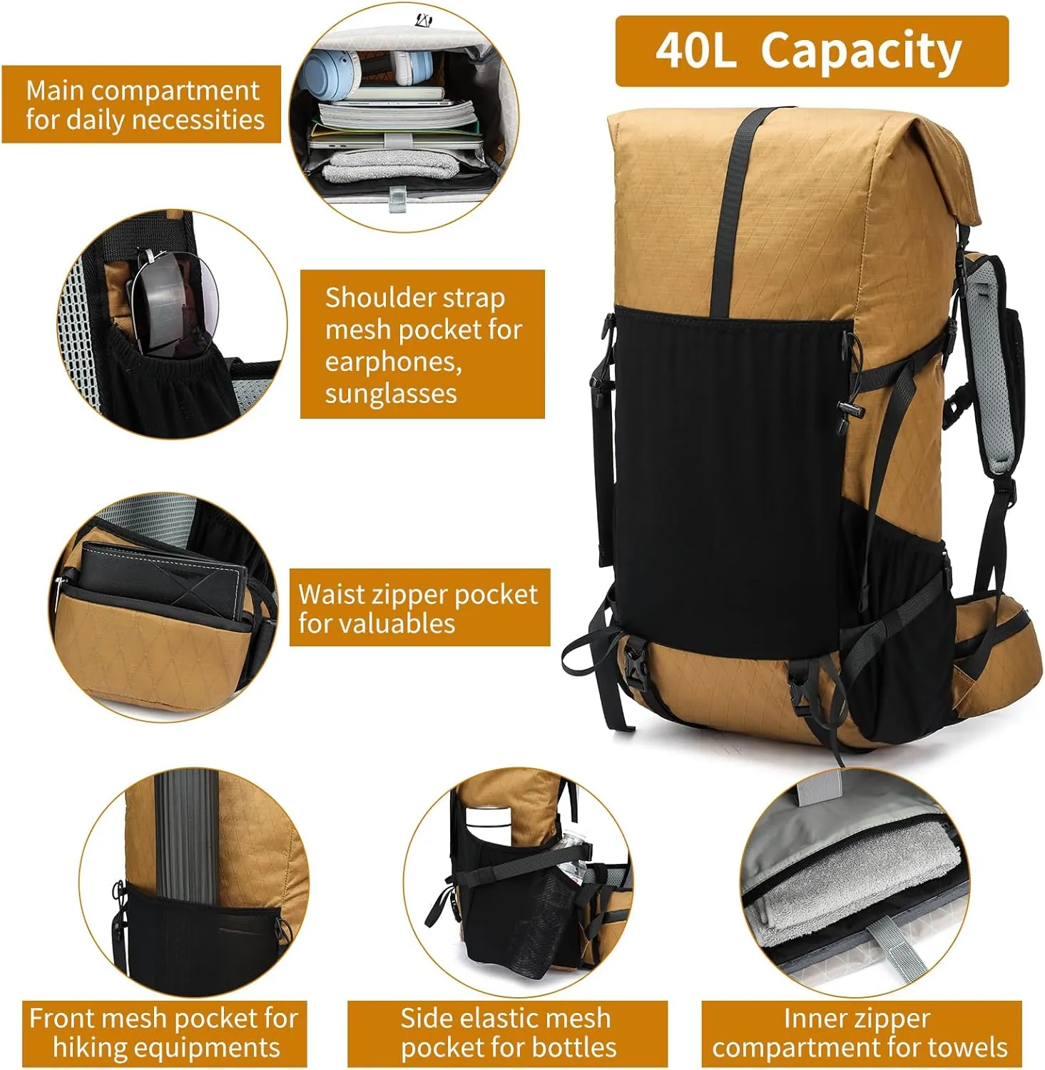 Hiking Backpack,30L  10L Extra Large Capacity Hiking Bag, Internal Frame Camping Backpack,Upgraded X-PAC Lightweight Sport Daypack Travel Backpacks Fit For Mountain Climbing Camping (Brown)