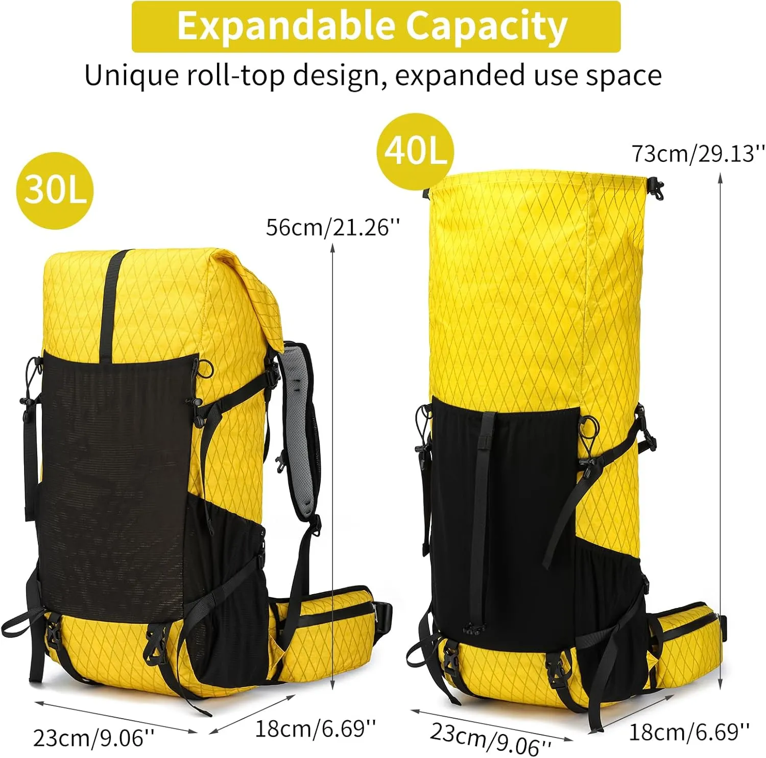 Hiking Backpack,30L  10L Extra Large Capacity Hiking Bag, Internal Frame Camping Backpack,Upgraded X-PAC Lightweight Sport Daypack Travel Backpacks Fit For Mountain Climbing Camping (Yellow)