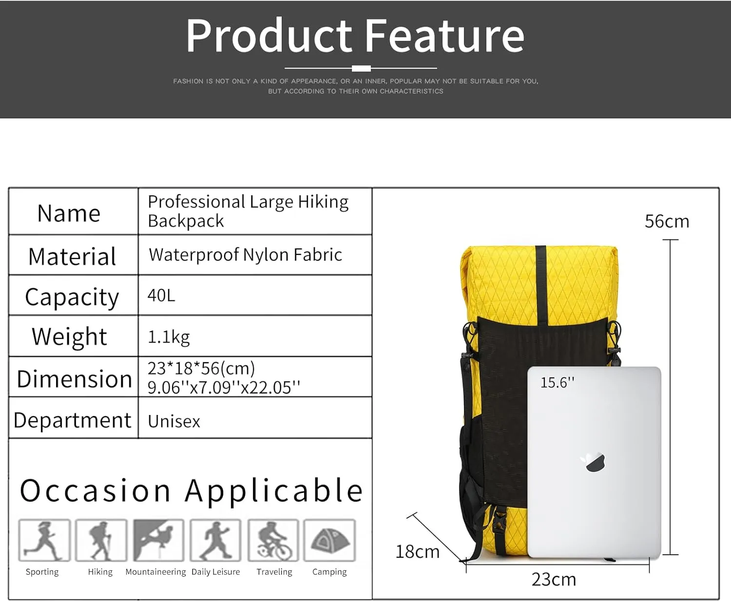 Hiking Backpack,30L  10L Extra Large Capacity Hiking Bag, Internal Frame Camping Backpack,Upgraded X-PAC Lightweight Sport Daypack Travel Backpacks Fit For Mountain Climbing Camping (Yellow)