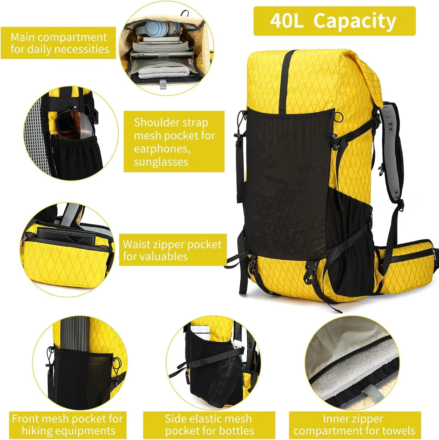 Hiking Backpack,30L  10L Extra Large Capacity Hiking Bag, Internal Frame Camping Backpack,Upgraded X-PAC Lightweight Sport Daypack Travel Backpacks Fit For Mountain Climbing Camping (Yellow)