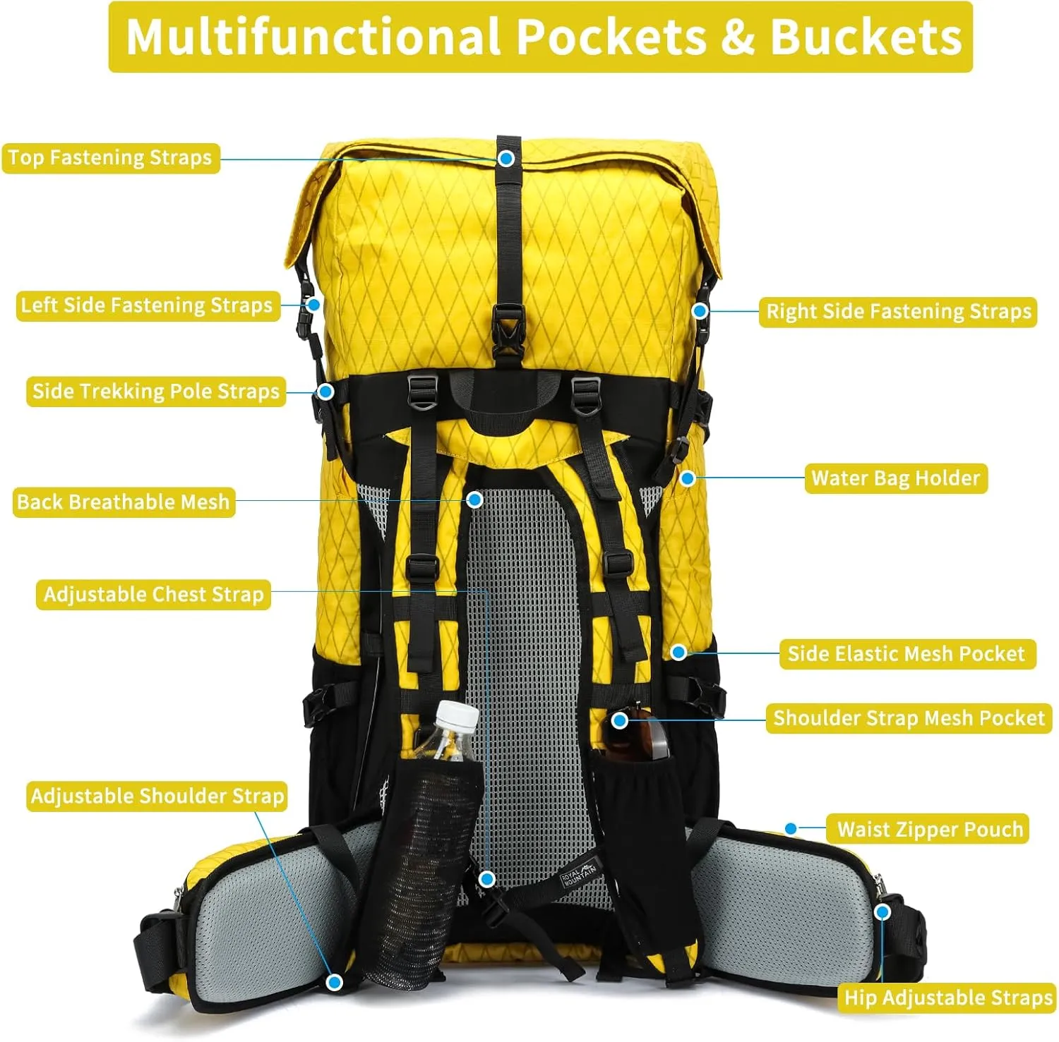 Hiking Backpack,30L  10L Extra Large Capacity Hiking Bag, Internal Frame Camping Backpack,Upgraded X-PAC Lightweight Sport Daypack Travel Backpacks Fit For Mountain Climbing Camping (Yellow)