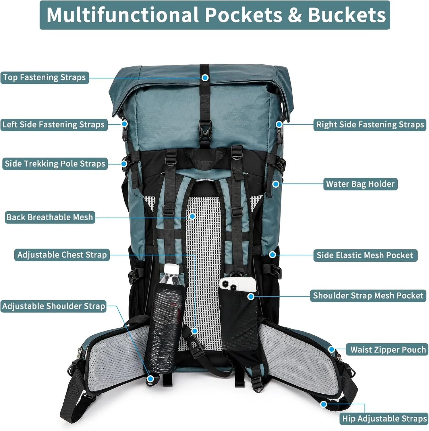 Hiking Backpack,30L  10L Extra Large Capacity Hiking Bag,Internal Frame Camping Backpack,Upgraded X-PAC Lightweight Sport Daypack Travel Backpacks Fit For Mountain Climbing Camping (Grey Green)