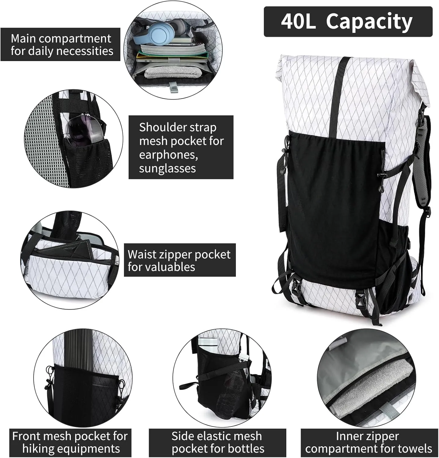 Hiking Backpack,30L  10L Extra Large Capacity Hiking Bag,Internal Frame Camping Backpack,Upgraded X-PAC Lightweight Sport Daypack Travel Backpacks Fit For Mountain Climbing Camping (White)