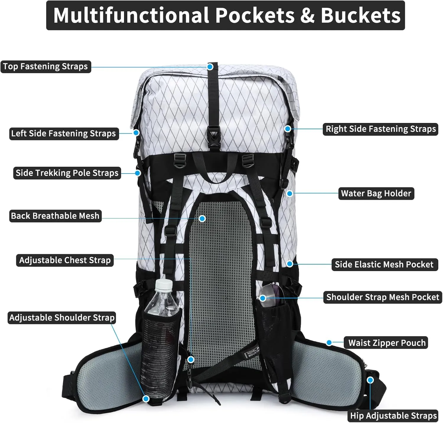 Hiking Backpack,30L  10L Extra Large Capacity Hiking Bag,Internal Frame Camping Backpack,Upgraded X-PAC Lightweight Sport Daypack Travel Backpacks Fit For Mountain Climbing Camping (White)