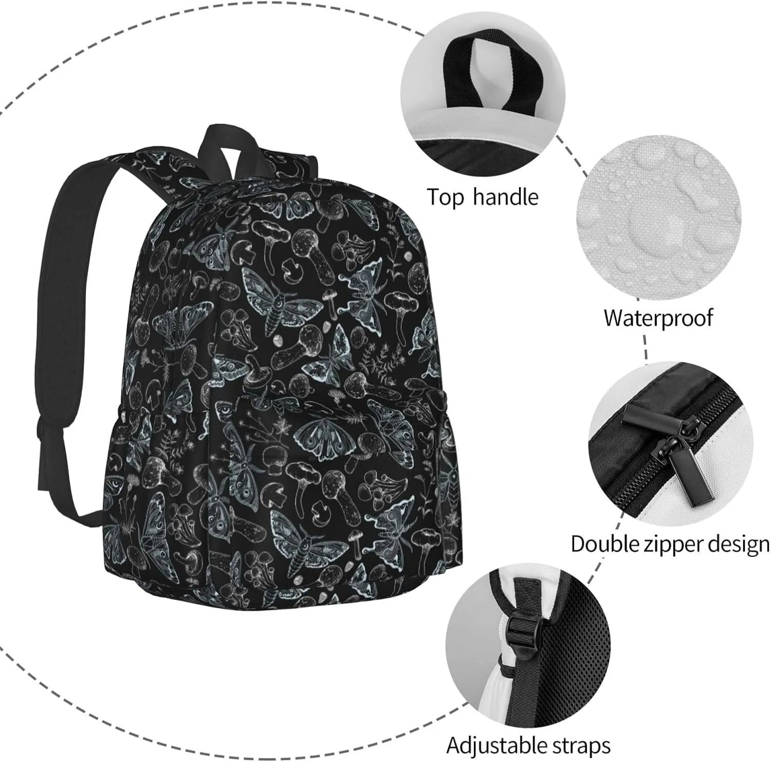 Hippie Magic Boho Mushrooms Stylish Backpack With Adjustable Padded Shoulder Straps Daypacks For College Travel