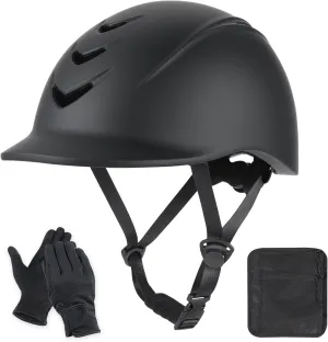 Horse Riding Helmet Set – Lightweight, Adjustable Equestrian Helmet for Men & Women with Touchscreen Gloves & Storage Bag – Comfortable, Breathable Horseback Riding Gear