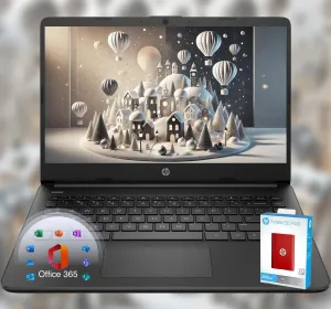 HP 14 Laptop • Back to School Limited Edition with Microsoft 365 • 4-Core Intel CPU • 16GB RAM •1600GB Storage (64GB OnBoard   512GB P500 Portable SSD   1TB OneDrive) • Black • Win 11