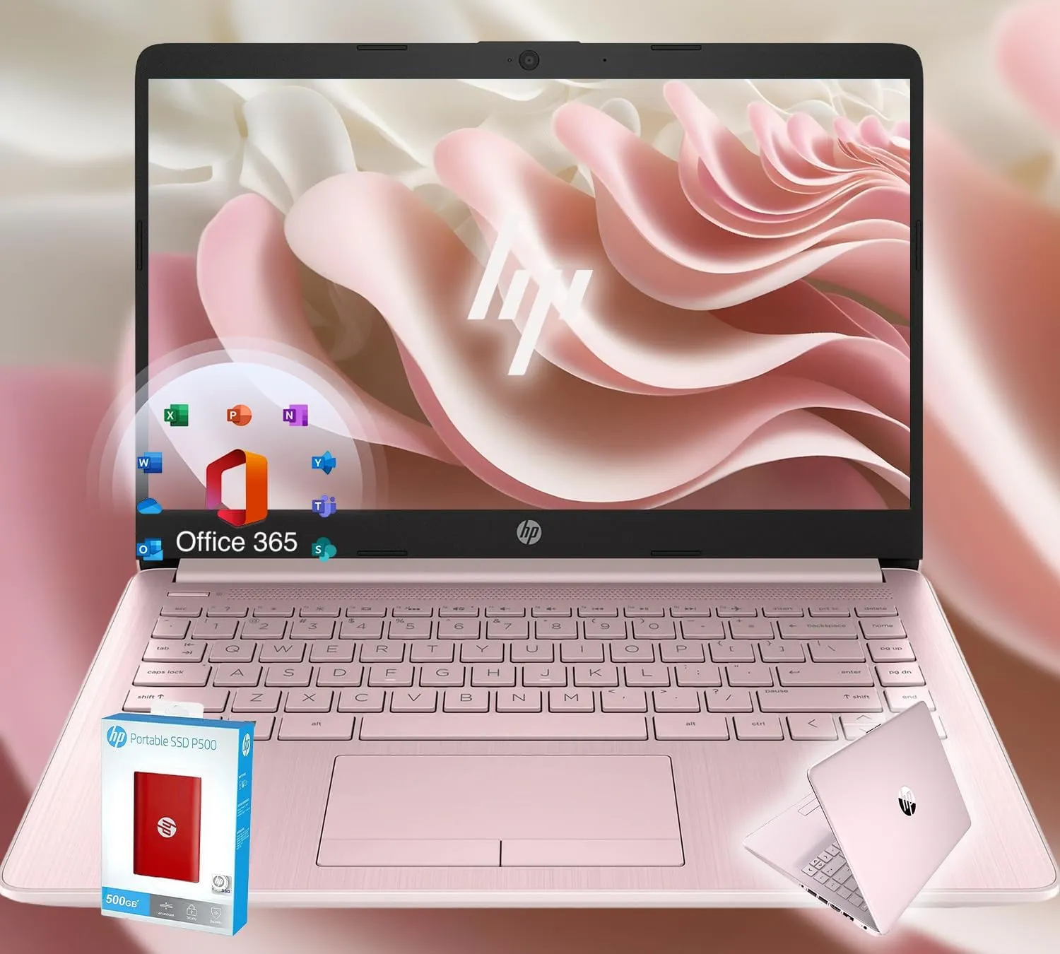 HP 14 Ultrabook • Back to School Limited Edition with Microsoft 365 • Intel 4-Core CPU • 16GB RAM • 1600GB Storage (64GB OnBoard withHP 512GB P500 Portable SSD   1TB OneDrive) • Pink • Win 11