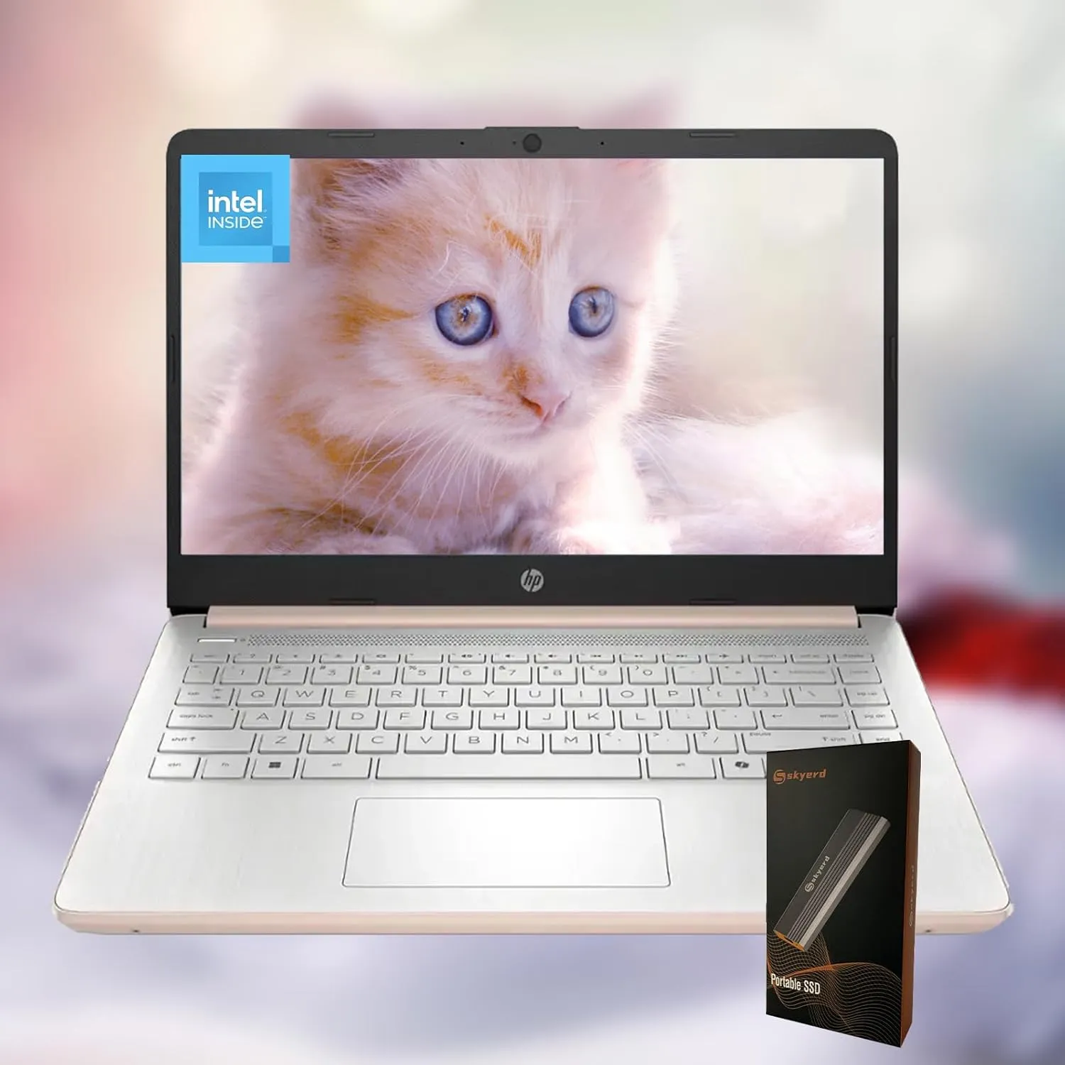 HP 14" Laptop, Microsoft 365, Copilot AI, 8GB RAM, 640GB Storage (128GB UFS with Skyerd 512GB Portable SSD),13th Gen 4 Cores Intel Processor, Wi-Fi 6, Long Battery, Rose Gold,Win 11 Home