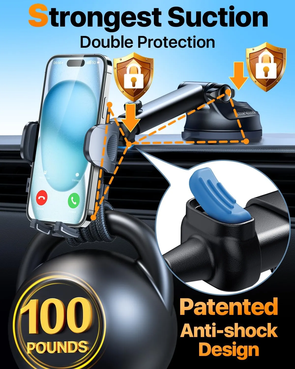 HTU 2025 Best Car Phone Holder【Ultimate 5-in-1 & Upgraded 100 LBS Strongest Suction】【True Military-Grade & Safety Cert】 Windshield Phone Mount, Truck Dashboard Vent Stand for iPhone Android, Black