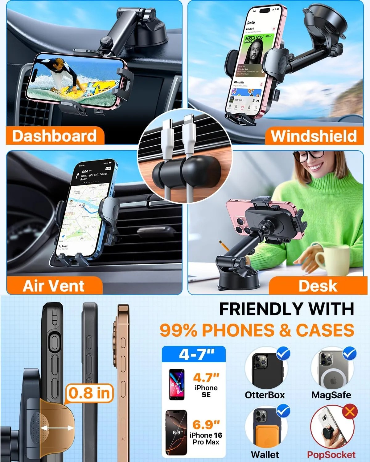 HTU 2025 Best Car Phone Holder【Ultimate 5-in-1 & Upgraded 100 LBS Strongest Suction】【True Military-Grade & Safety Cert】 Windshield Phone Mount, Truck Dashboard Vent Stand for iPhone Android, Black