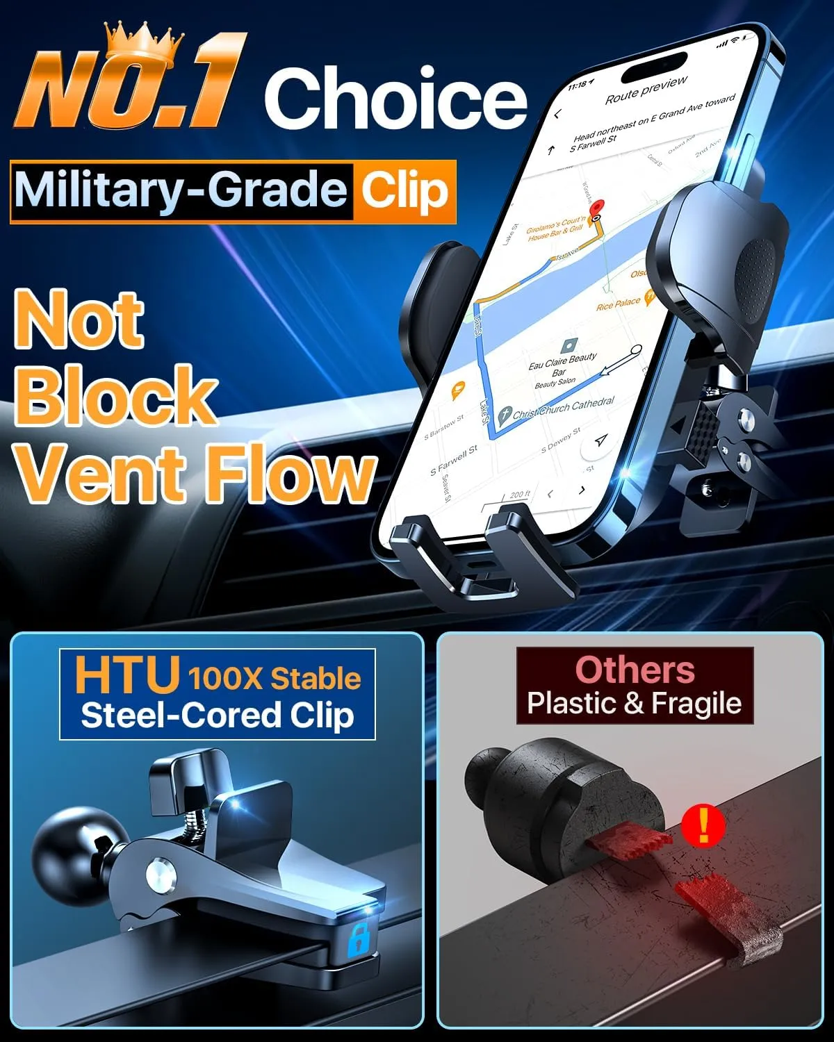 HTU 2025 Best Car Phone Holder【Ultimate 5-in-1 & Upgraded 100 LBS Strongest Suction】【True Military-Grade & Safety Cert】 Windshield Phone Mount, Truck Dashboard Vent Stand for iPhone Android, Black