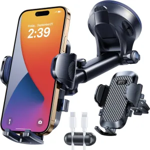 HTU 2025 Best Car Phone Holder【Ultimate 5-in-1 & Upgraded 100 LBS Strongest Suction】【True Military-Grade & Safety Cert】 Windshield Phone Mount, Truck Dashboard Vent Stand for iPhone Android, Black