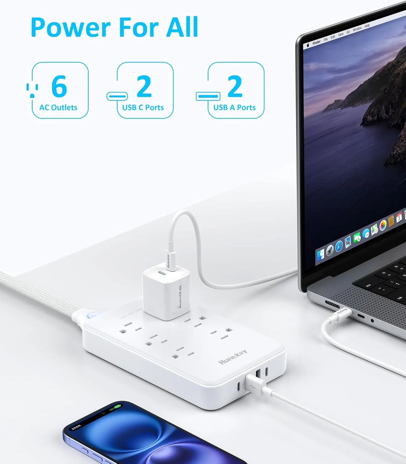 Huntkey EasyCombo 6-Outlet Detachable Power Strip - Surge Protector, Extension Cord Options (4ft, 10ft, 16ft), 45° Flat Plug,4 USB Ports (2 USB-C, 2 USB-A)