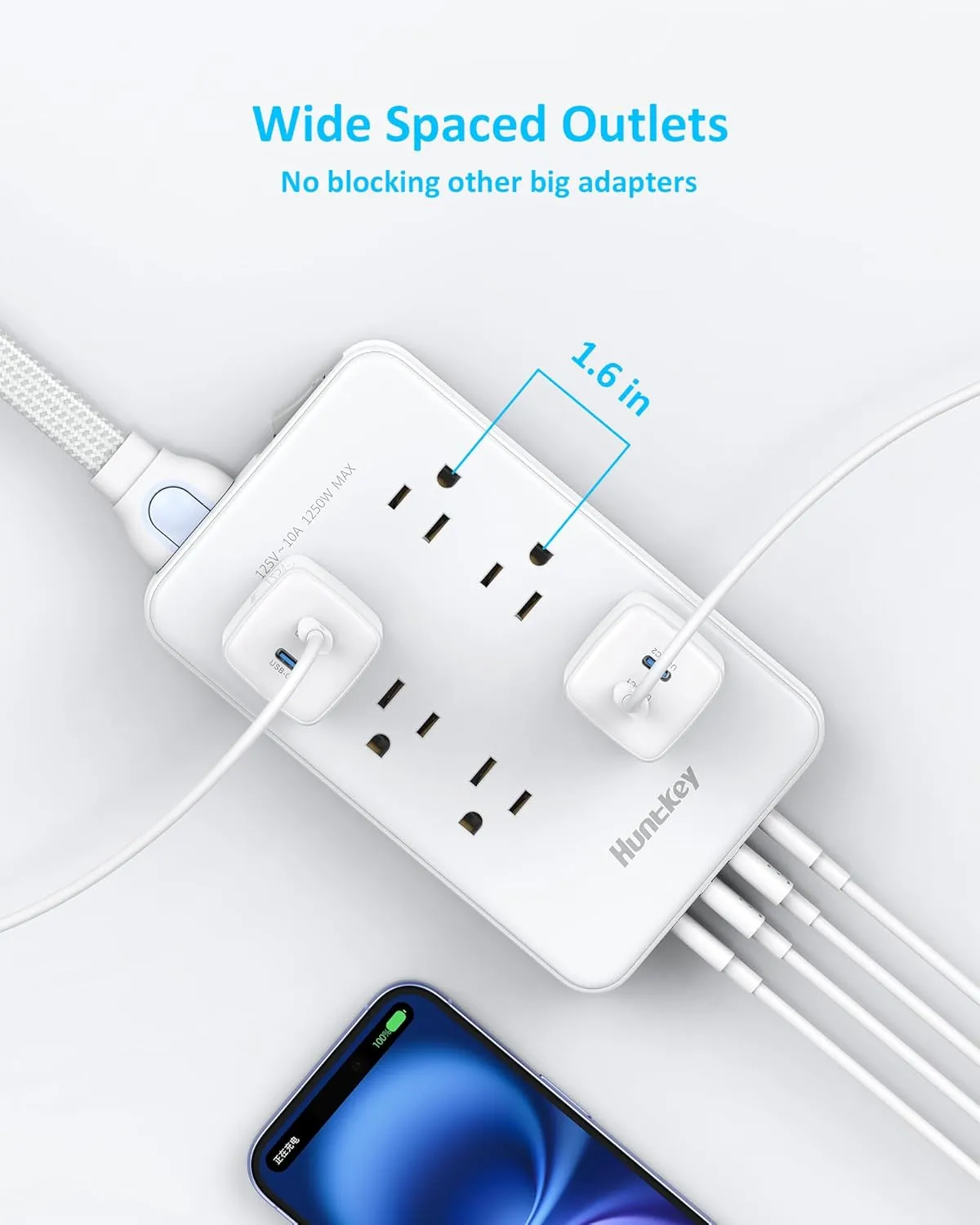 Huntkey EasyCombo 6-Outlet Detachable Power Strip - Surge Protector, Extension Cord Options (4ft, 10ft, 16ft), 45° Flat Plug,4 USB Ports (2 USB-C, 2 USB-A)