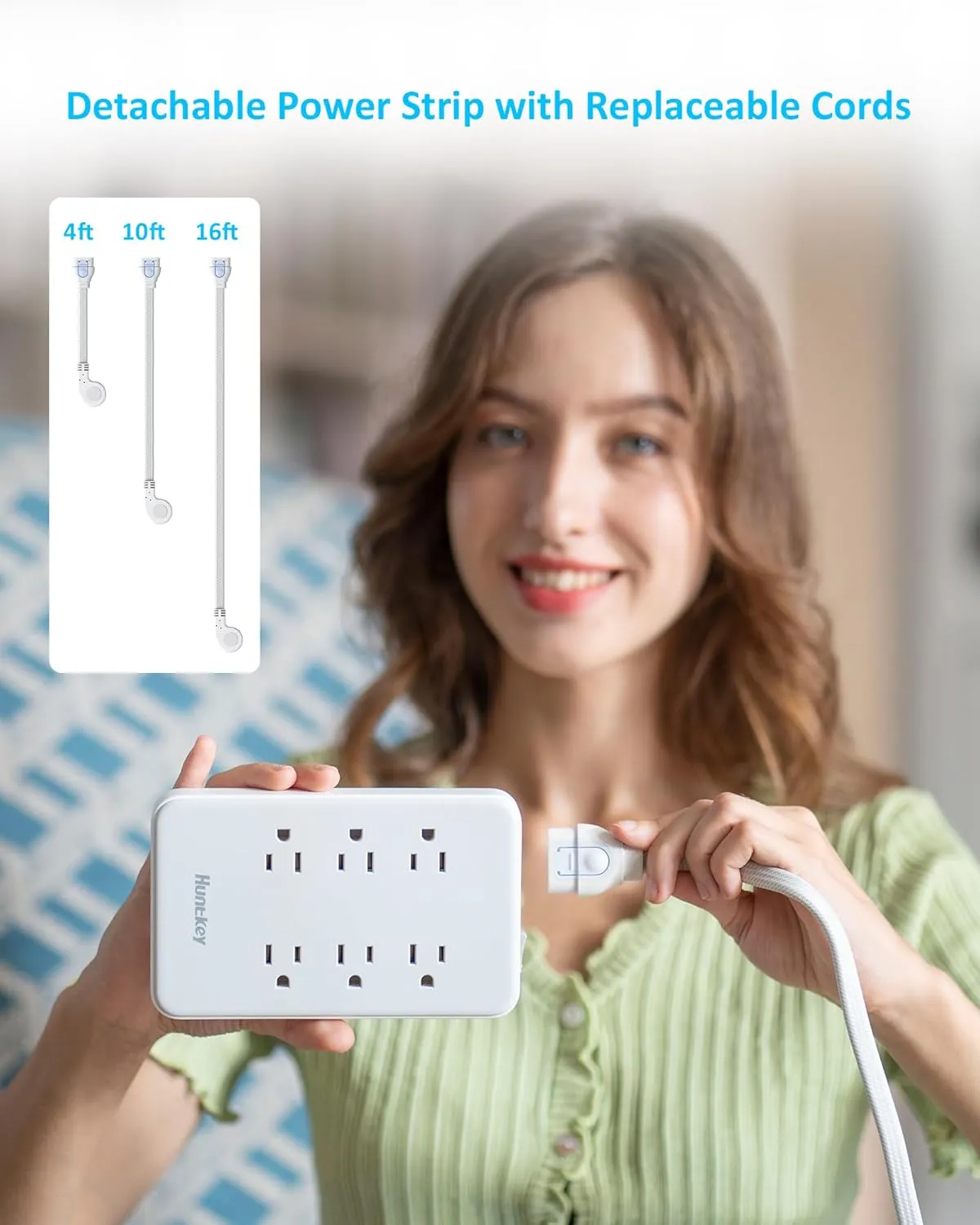 Huntkey EasyCombo 6-Outlet Detachable Power Strip - Surge Protector, Extension Cord Options (4ft, 10ft, 16ft), 45° Flat Plug,4 USB Ports (2 USB-C, 2 USB-A)