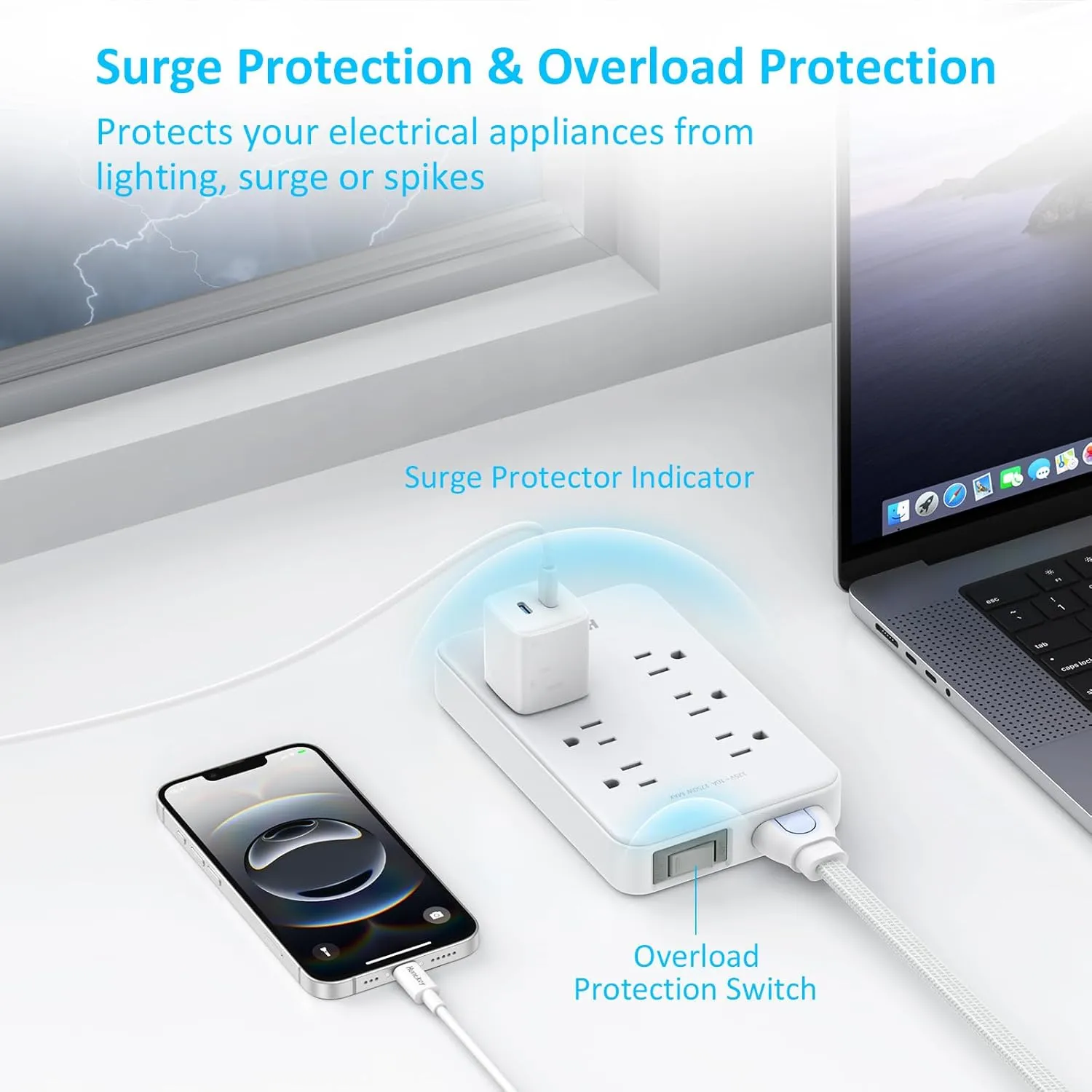 Huntkey EasyCombo 6-Outlet Detachable Power Strip - Surge Protector, Extension Cord Options (4ft, 10ft, 16ft), 45° Flat Plug,4 USB Ports (2 USB-C, 2 USB-A)
